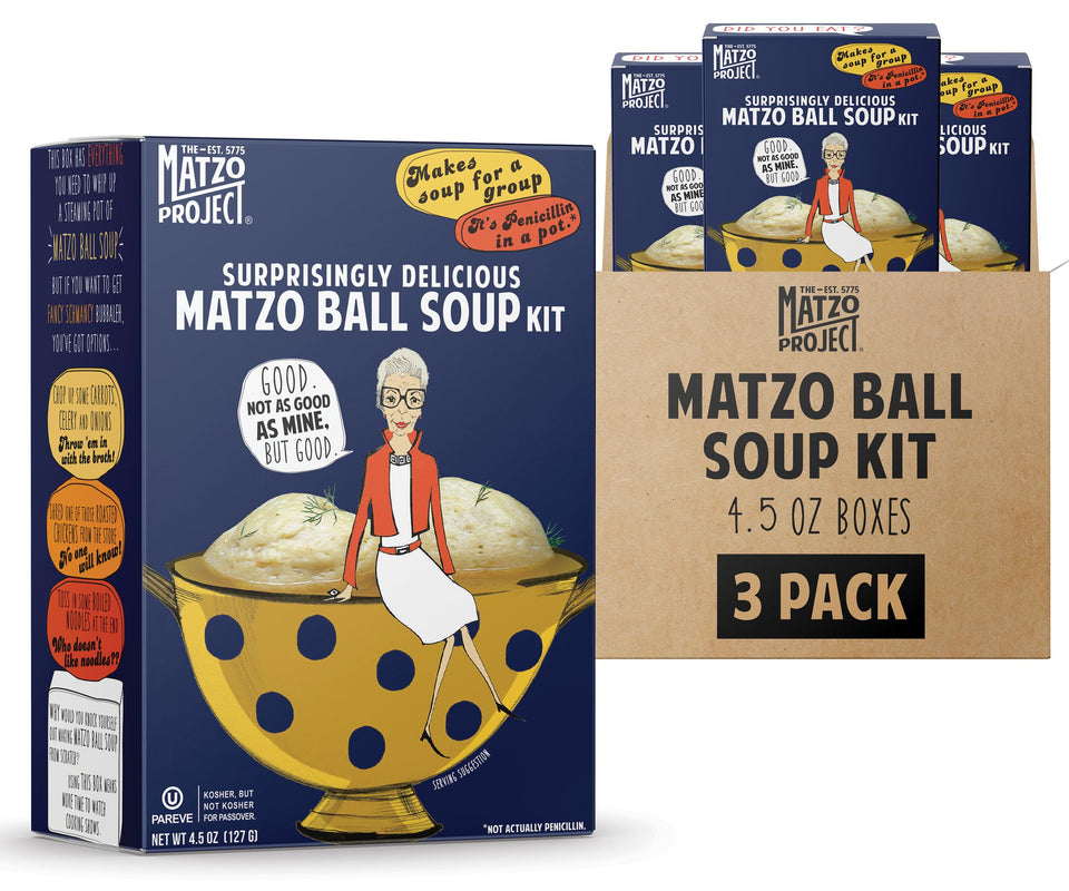 The Matzo Project matzo ball soup kit box front shows an easy meal solution
