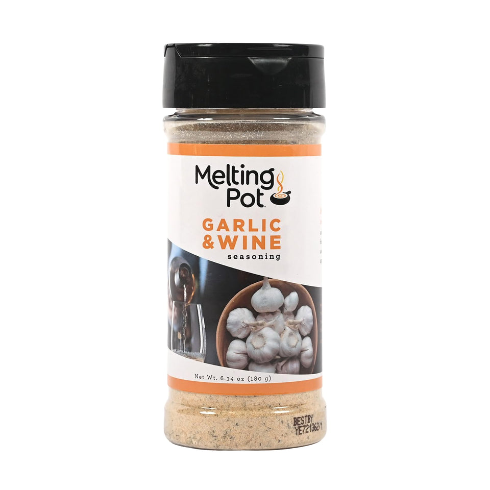 The Melting Pot garlic and wine seasoning packaging ready to spice meals.