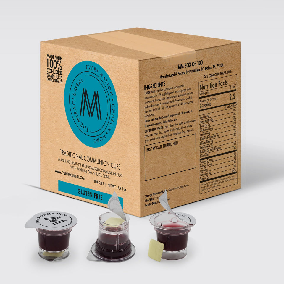 The Miracle Meal pre-packaged gluten-free communion cups with juice offer quick, sanitary service.