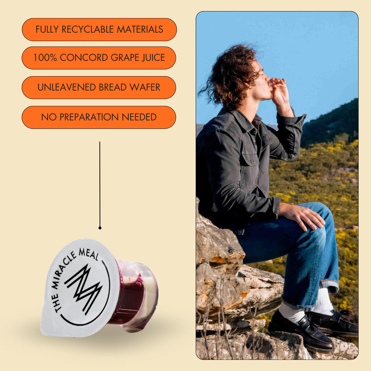 The Miracle Meal gluten-free wafer inside a two-part cup enables clean handling.