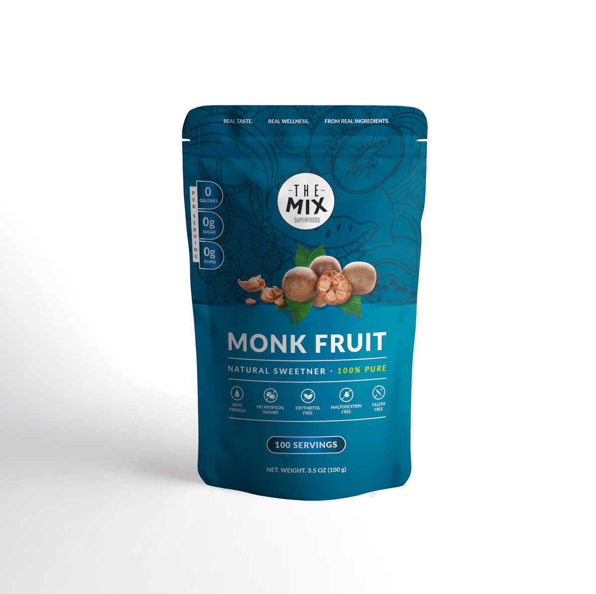 The Mix Superfoods Monk Fruit Pure bottle pour shows zero calorie sweetness for beverages