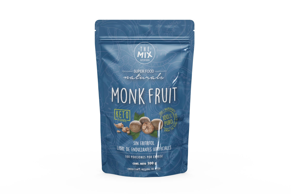 The Mix Superfoods Monk Fruit Pure serving spoon highlights zero calorie sweetness for baking