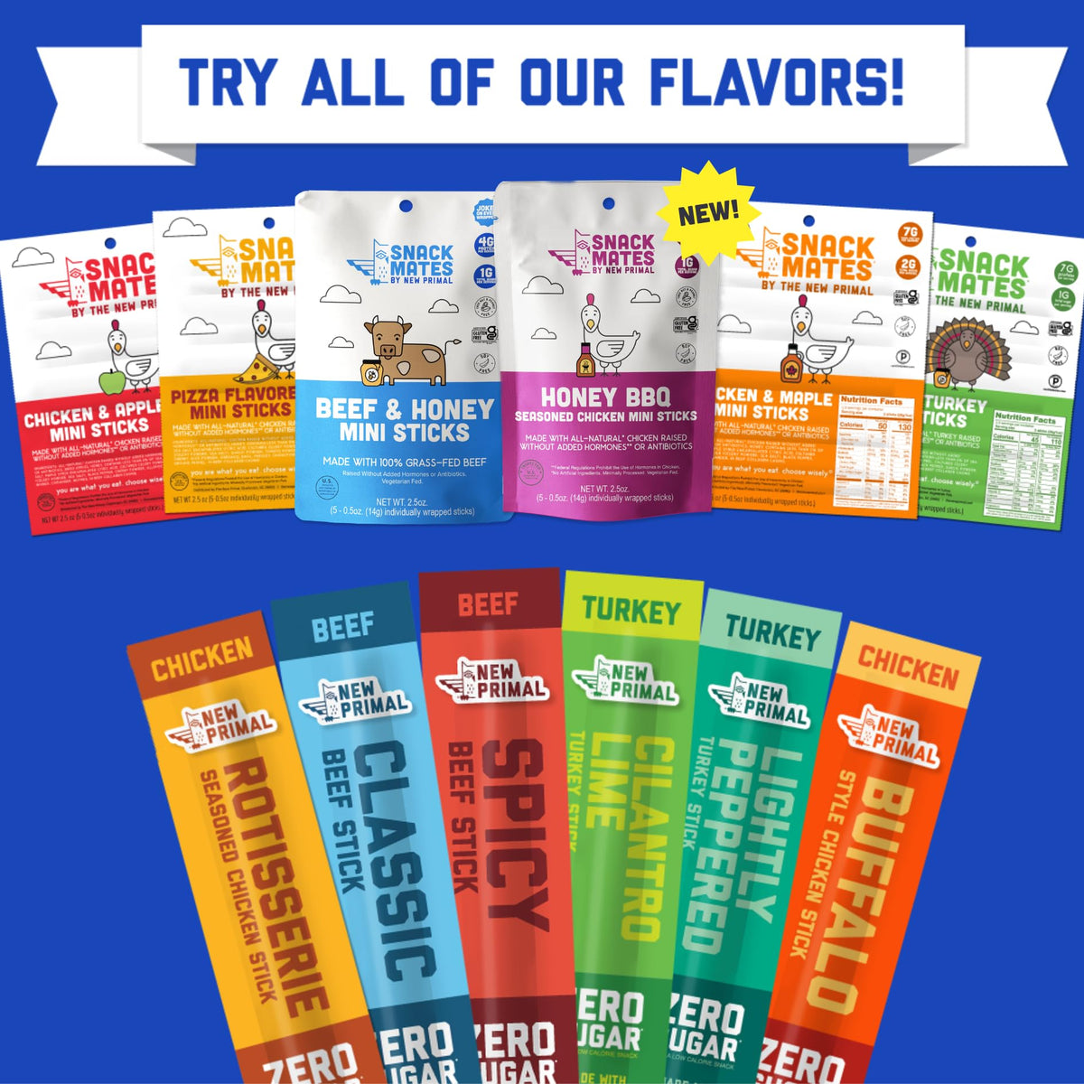 20-pack 1oz sticks from The New Primal, perfect for sharing and stocking snack boxes.