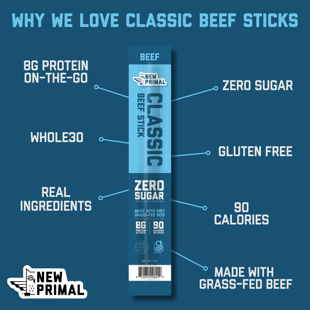 The New Primal beef stick showing 8g protein per stick for quick fueling.
