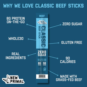 The New Primal beef stick showing 8g protein per stick for quick fueling.