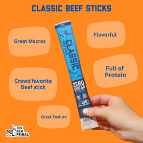 90 calories per stick from The New Primal grass-fed beef sticks.