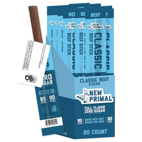 The New Primal grass-fed beef stick pack, convenient protein snack.