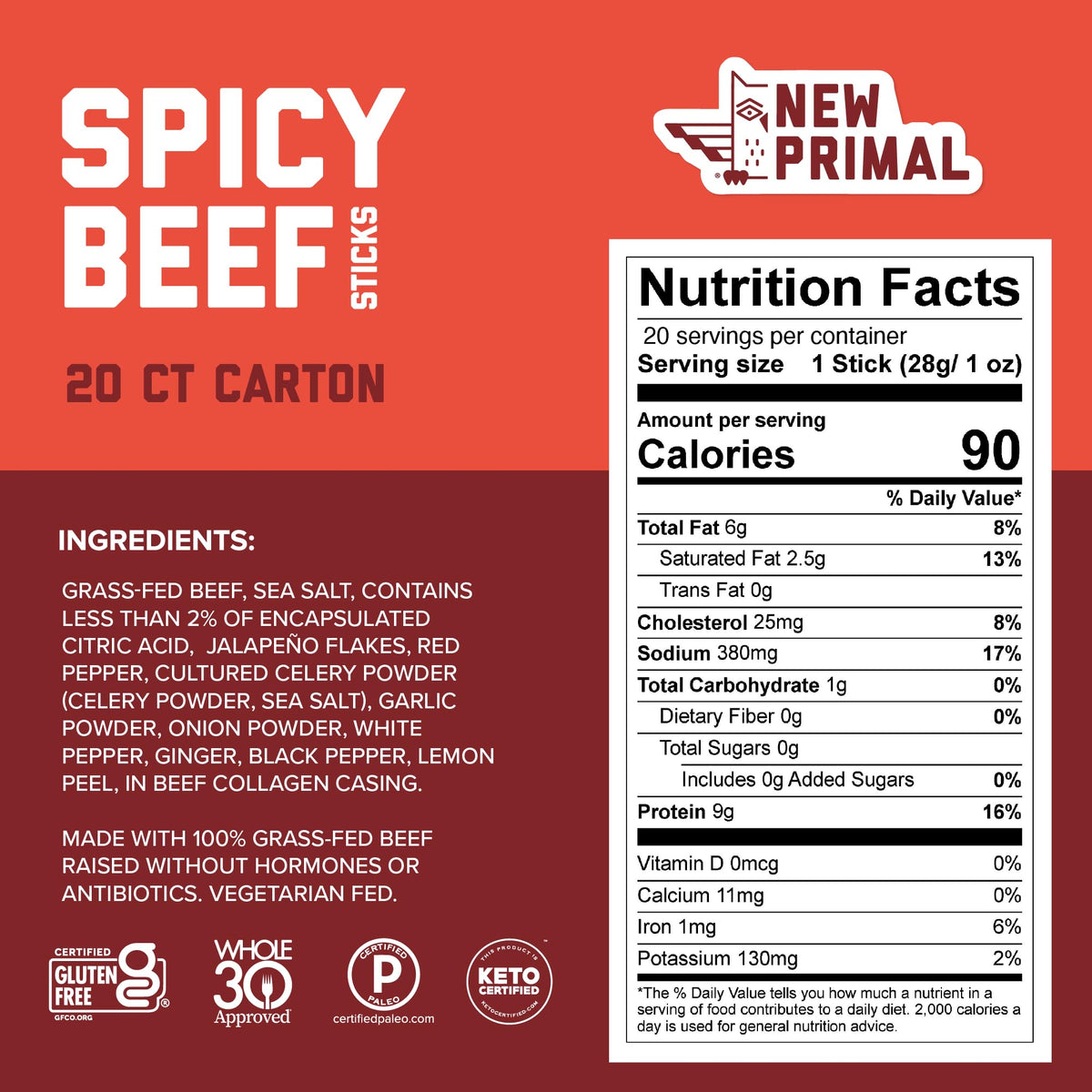 The New Primal spicy beef stick close-up highlighting bold flavor and texture.