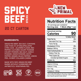 The New Primal spicy beef stick close-up highlighting bold flavor and texture.