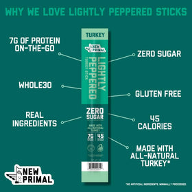 The New Primal Lightly Peppered Turkey Sticks highlight 0g sugar and gluten-free formula.