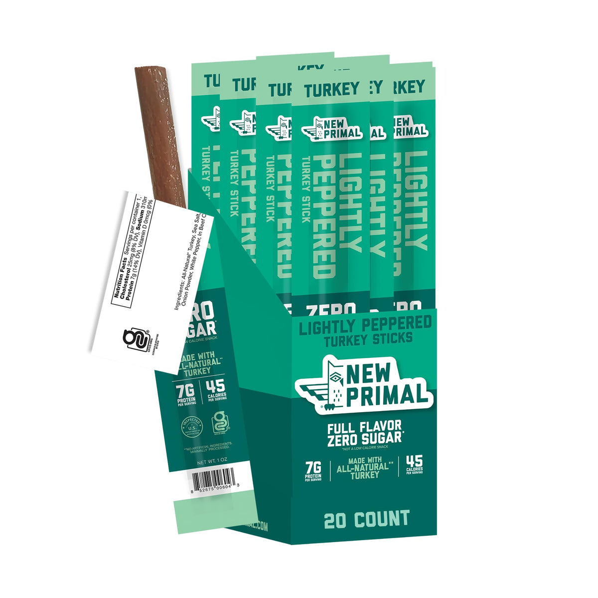 The New Primal Lightly Peppered Turkey Sticks 20-stick pack for convenient on-the-go protein.