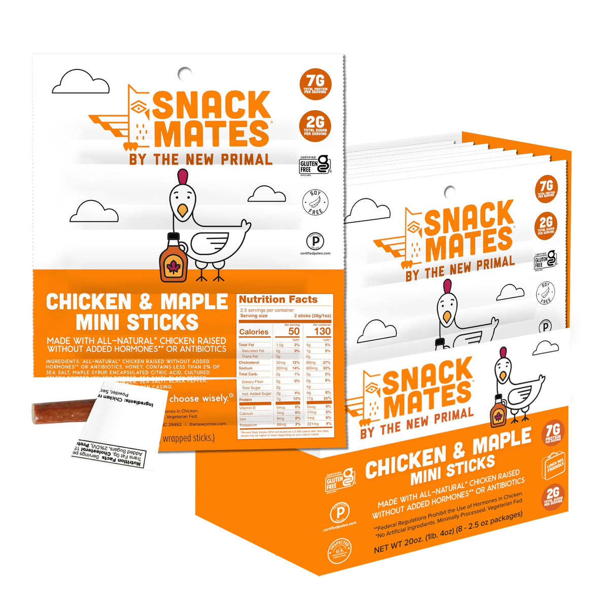 The New Primal Snack Mates Chicken and Maple Stick pack shot shows gluten-free, kid-friendly protein.
