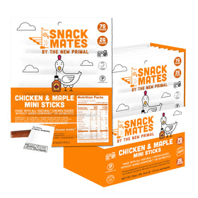 The New Primal Snack Mates Chicken and Maple Stick pack shot shows gluten-free, kid-friendly protein.
