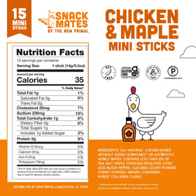 Snack Mates chicken maple sticks close-up texture reveals a chewy jerky bite.