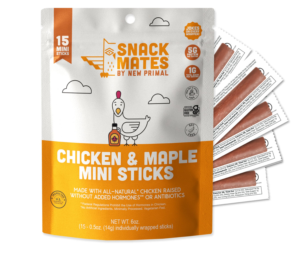 The New Primal Snack Mates packaging front highlights gluten-free, high-protein kids snack.