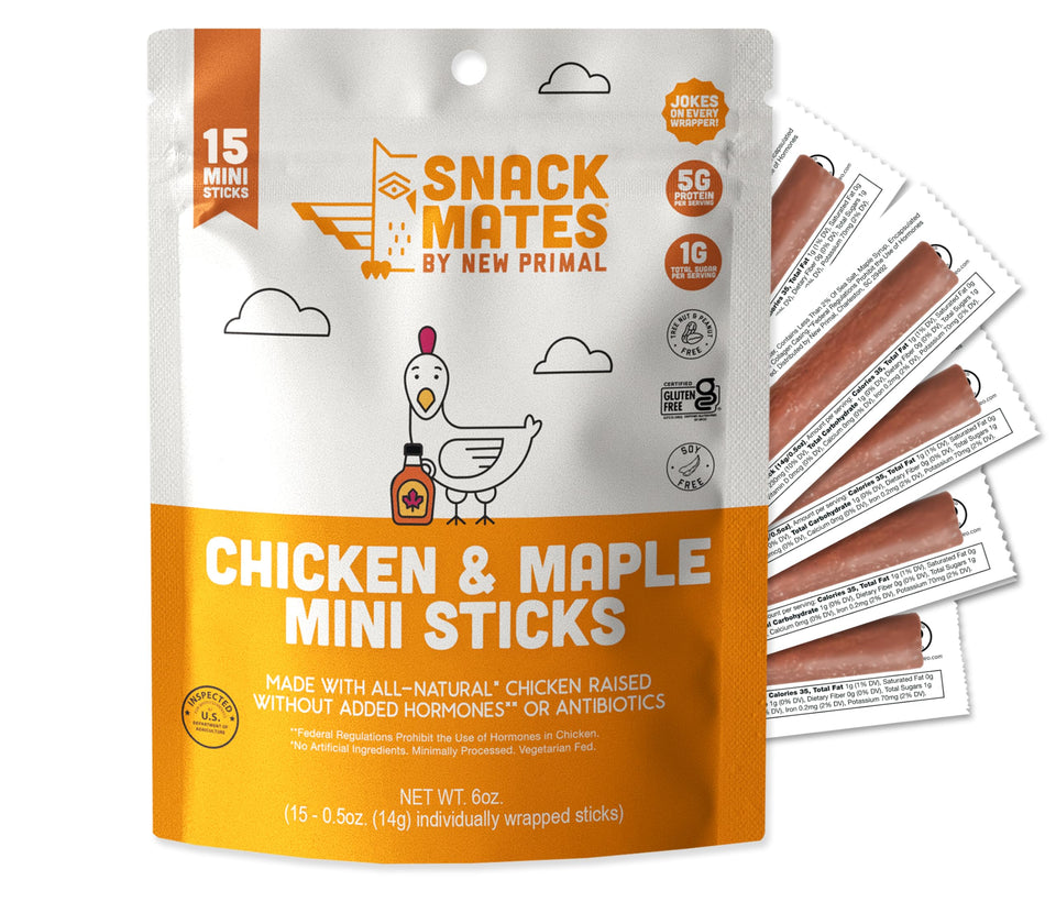 The New Primal Snack Mates packaging front highlights gluten-free, high-protein kids snack.