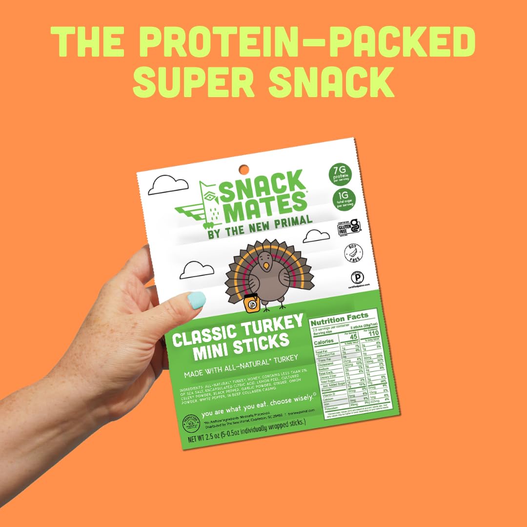 Close-up of The New Primal Snack Mates turkey stick with protein cue