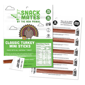 The New Primal Snack Mates turkey sticks hero image highlighting a 10-pack snack—great for lunches.
