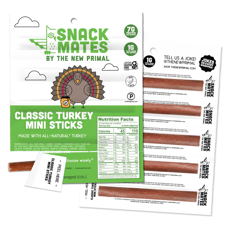 The New Primal Snack Mates turkey sticks hero image highlighting a 10-pack snack—great for lunches.