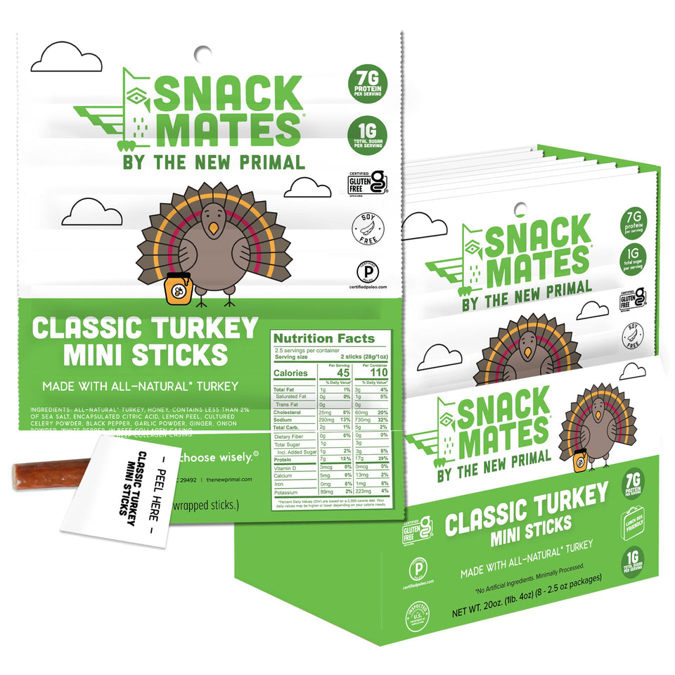 The New Primal Snack Mates turkey sticks front label highlighting gluten-free promise