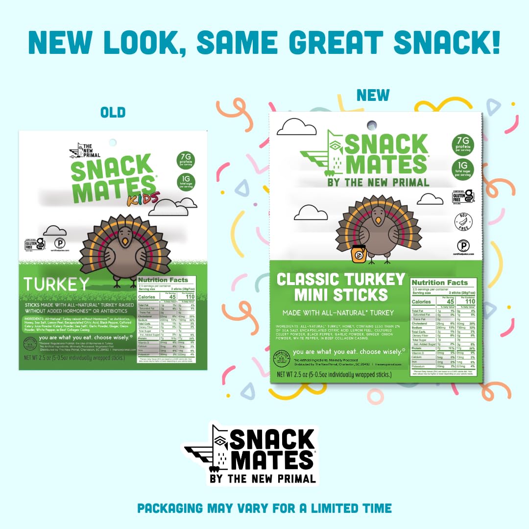 The New Primal Snack Mates gluten-free turkey sticks ideal school-safe snack.