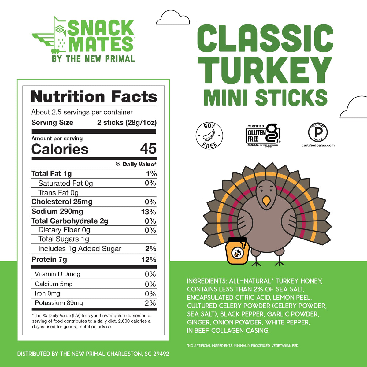 The New Primal Snack Mates turkey sticks on-the-go pack shows easy open wrappers for travel.