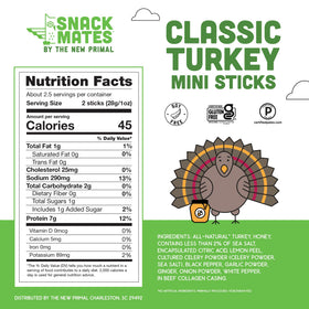 The New Primal Snack Mates turkey sticks on-the-go pack shows easy open wrappers for travel.