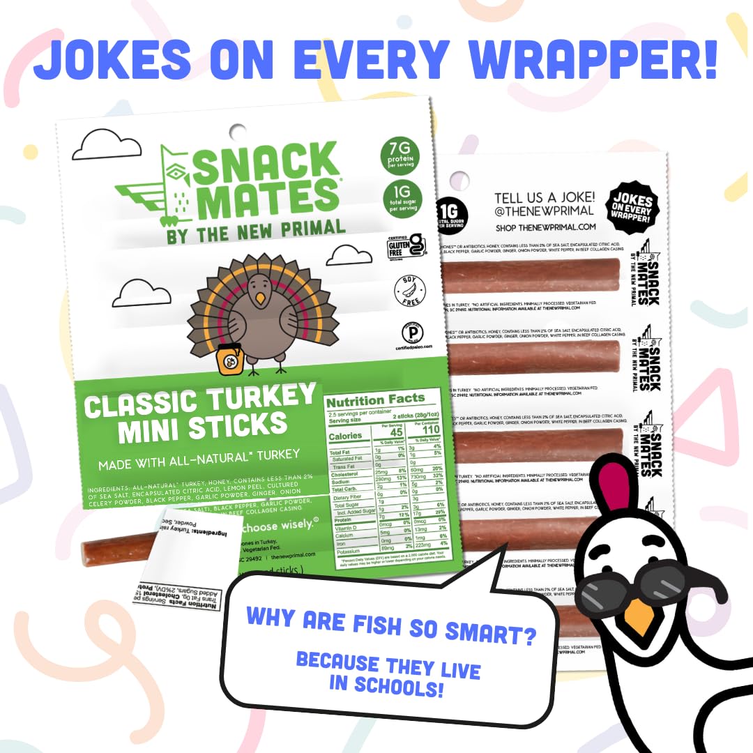 The New Primal Snack Mates turkey sticks sea salt honey flavor for tasty bites.