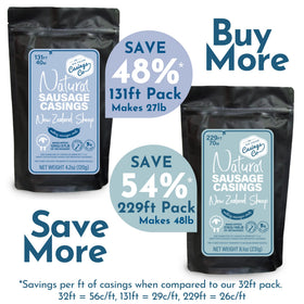 The New Zealand Casings Co 131ft pack enables about 27lb sausages with consistent diameter.