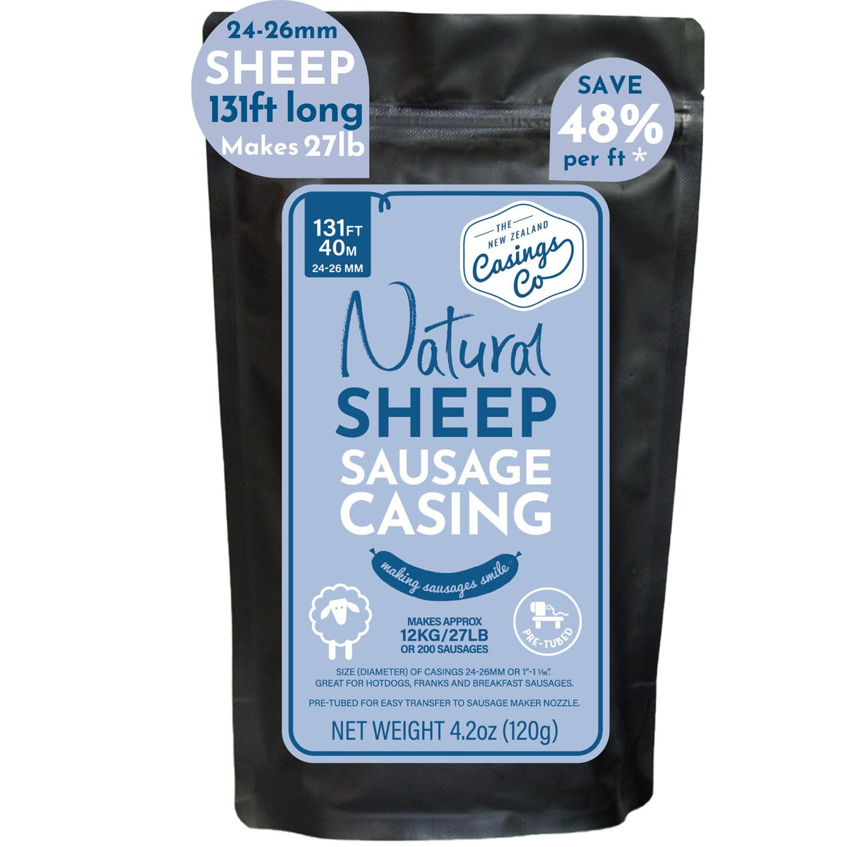 The New Zealand Casings Co natural sheep casings 24-26mm ready for sausages.
