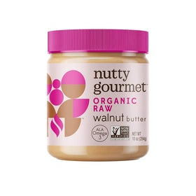 The Nutty Gourmet organic walnut butter jar closeup, rich texture perfect for toast.
