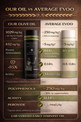 Closeup of The Olive Temple label highlighting 1029 mg/kg polyphenols