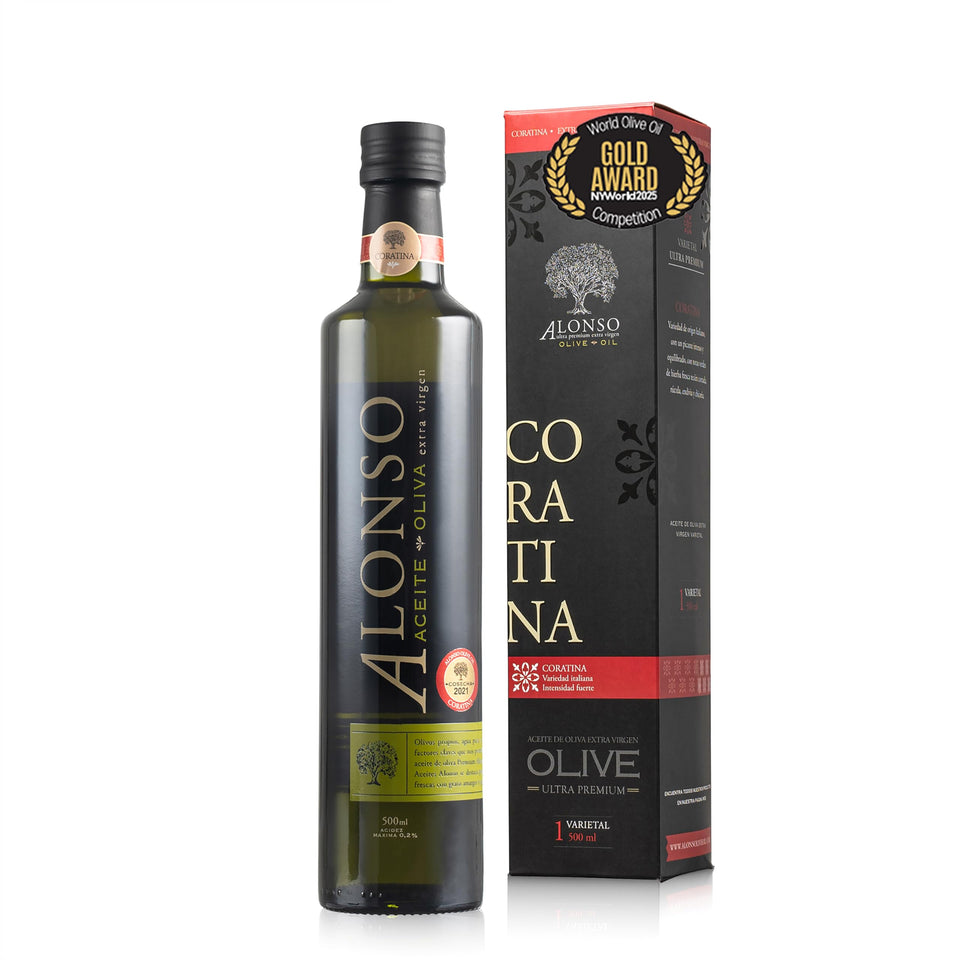 The Olive Trading Co. Alonso Coratina EVOO bottle pour showcasing finishing flavor potential.