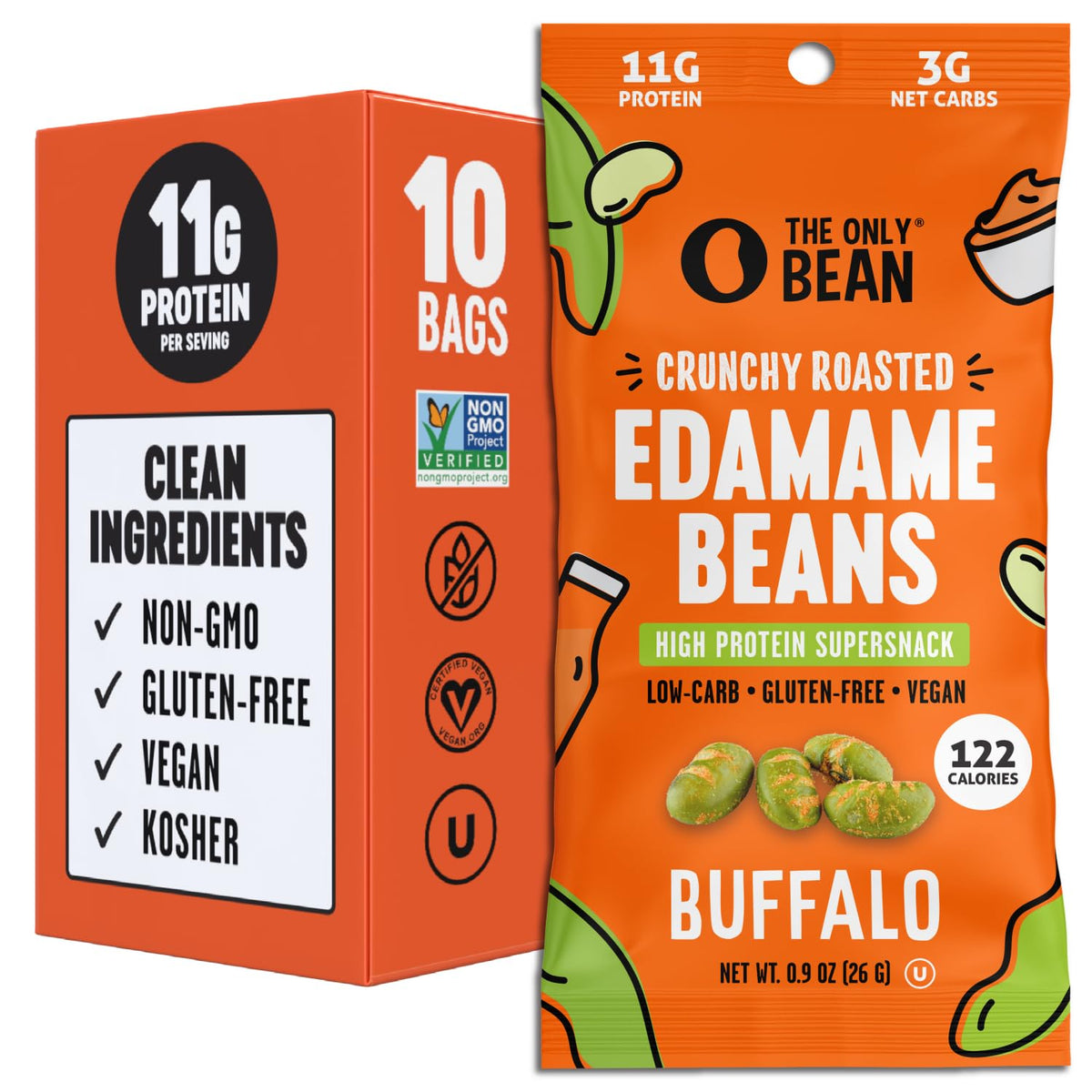 The Only Bean Buffalo Edamame Snacks front pack view, protein-rich and convenient for on-the-go.