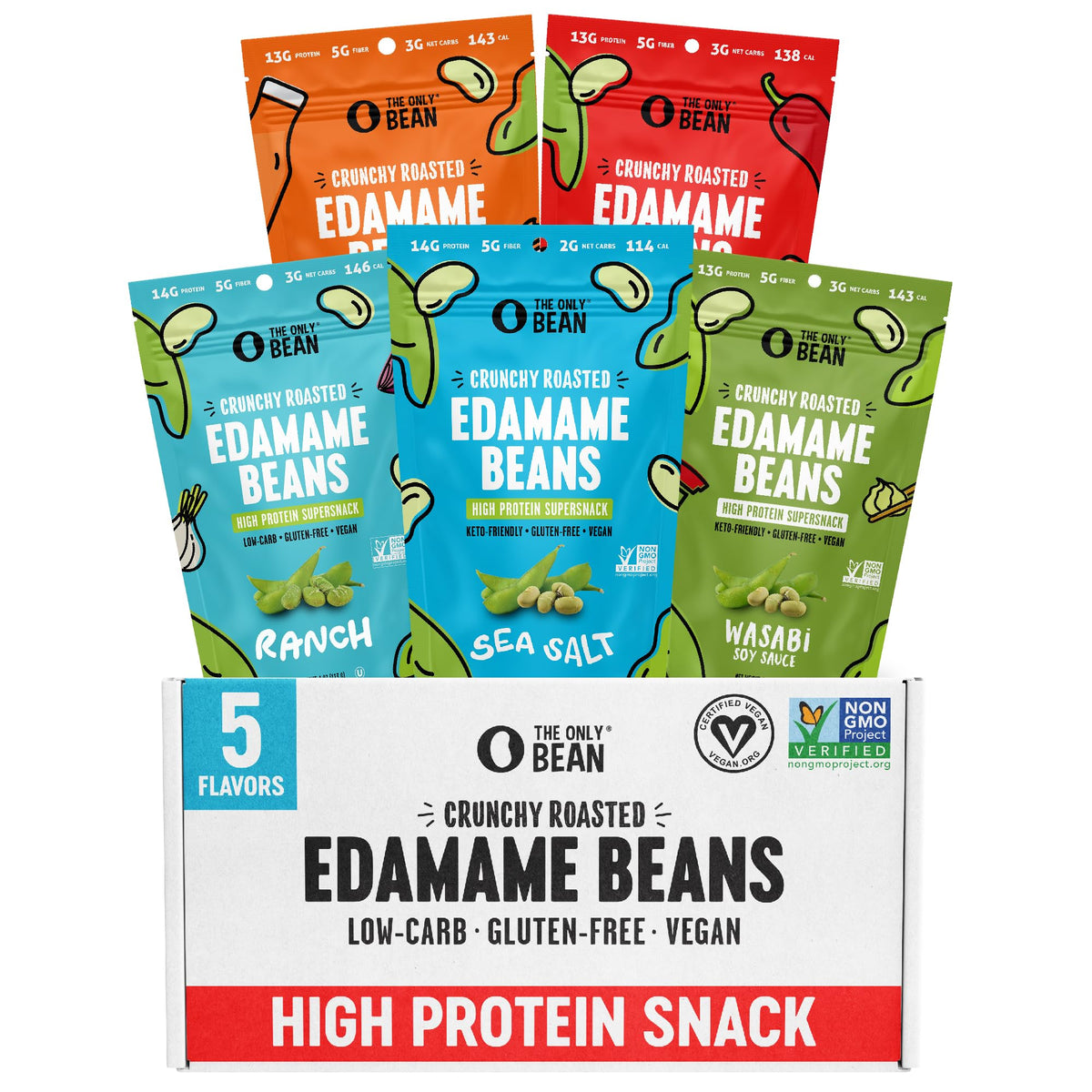 The Only Bean Crunchy Edamame Sea Salt bag highlights high-protein, on-the-go snacking.