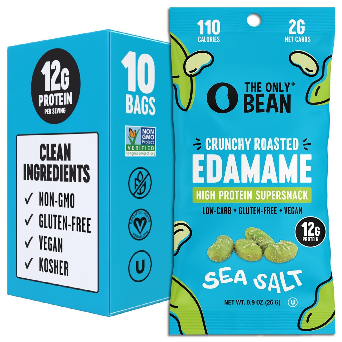 The Only Bean Crunchy Edamame Sea Salt pack, a high-protein snack perfect for gym bags.