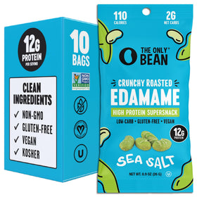 The Only Bean Crunchy Edamame Sea Salt pack, a high-protein snack perfect for gym bags.