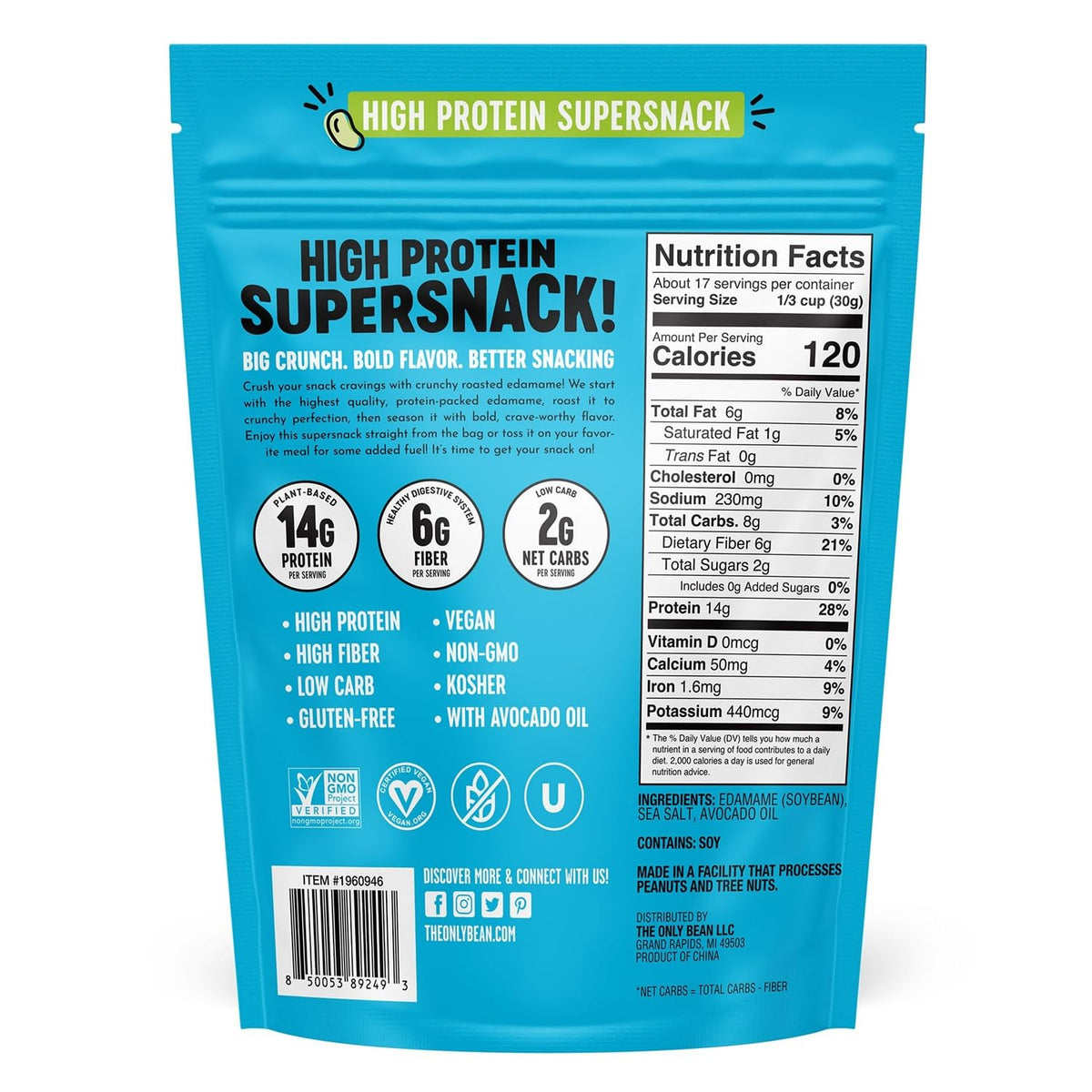 The Only Bean edamame crunch close-up highlights light seasoning and toast aroma.