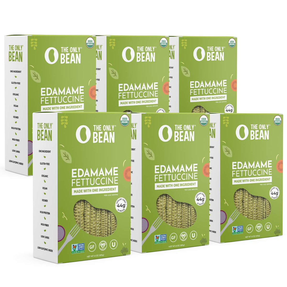 The Only Bean edamame fettuccine package on counter, ready for quick meal prep
