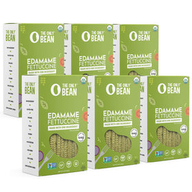 The Only Bean edamame fettuccine package on counter, ready for quick meal prep