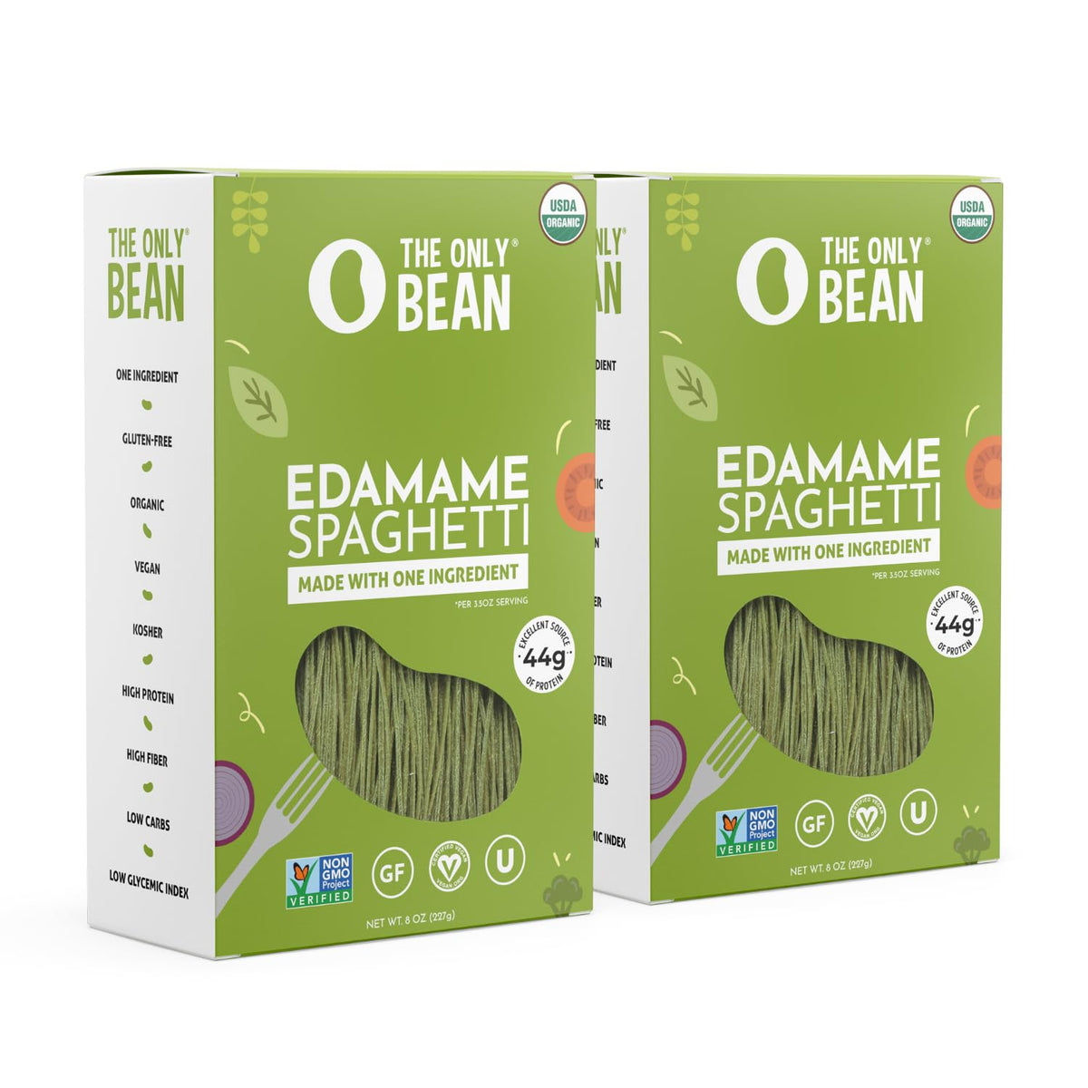 The Only Bean edamame pasta on a plate with sauce, high protein option