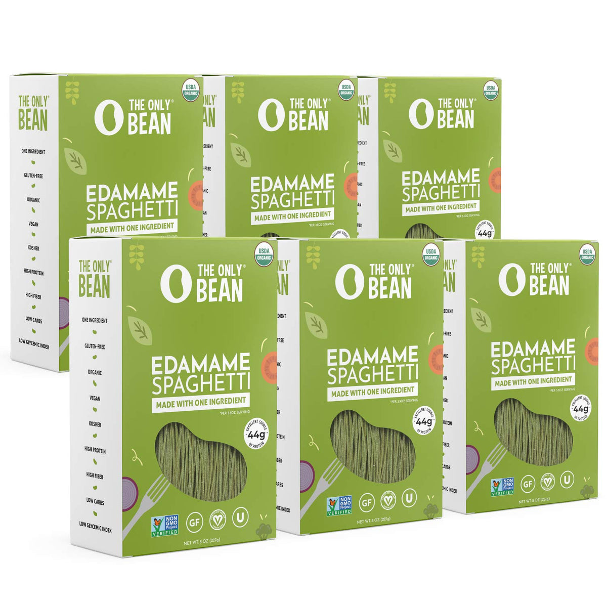 The Only Bean Edamame Pasta package front shows gluten-free, organic ingredients.