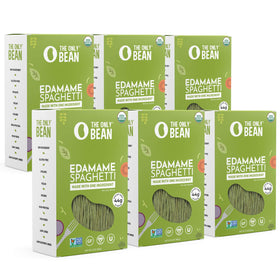 The Only Bean Edamame Pasta package front shows gluten-free, organic ingredients.