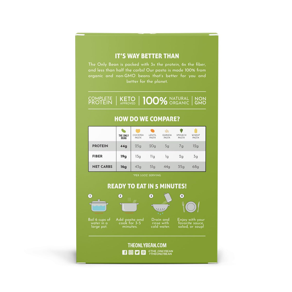 The Only Bean high protein pasta pack of two on the counter, great for meal prep