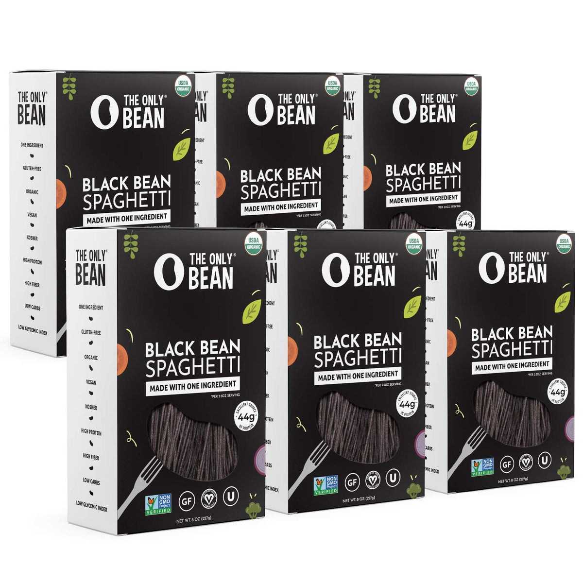 The Only Bean Organic Black Bean Spaghetti packaging shows its clean, plant-based promise.