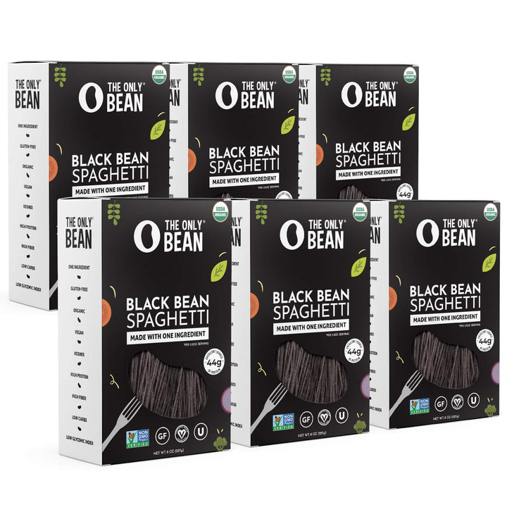 The Only Bean Organic Black Bean Spaghetti packaging shows its clean, plant-based promise.