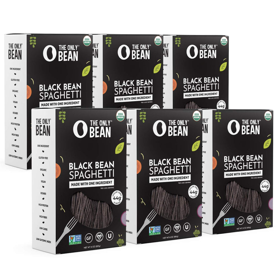 The Only Bean Organic Black Bean Spaghetti packaging shows its clean, plant-based promise.