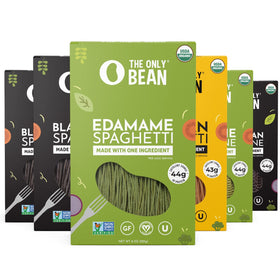 The Only Bean soy spaghetti pack on the counter highlights gluten-free, keto-friendly noodles.