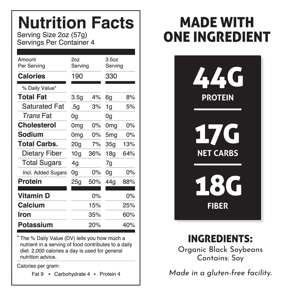 The Only Bean spaghetti highlights protein and fiber per serving.