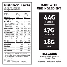 The Only Bean spaghetti highlights protein and fiber per serving.
